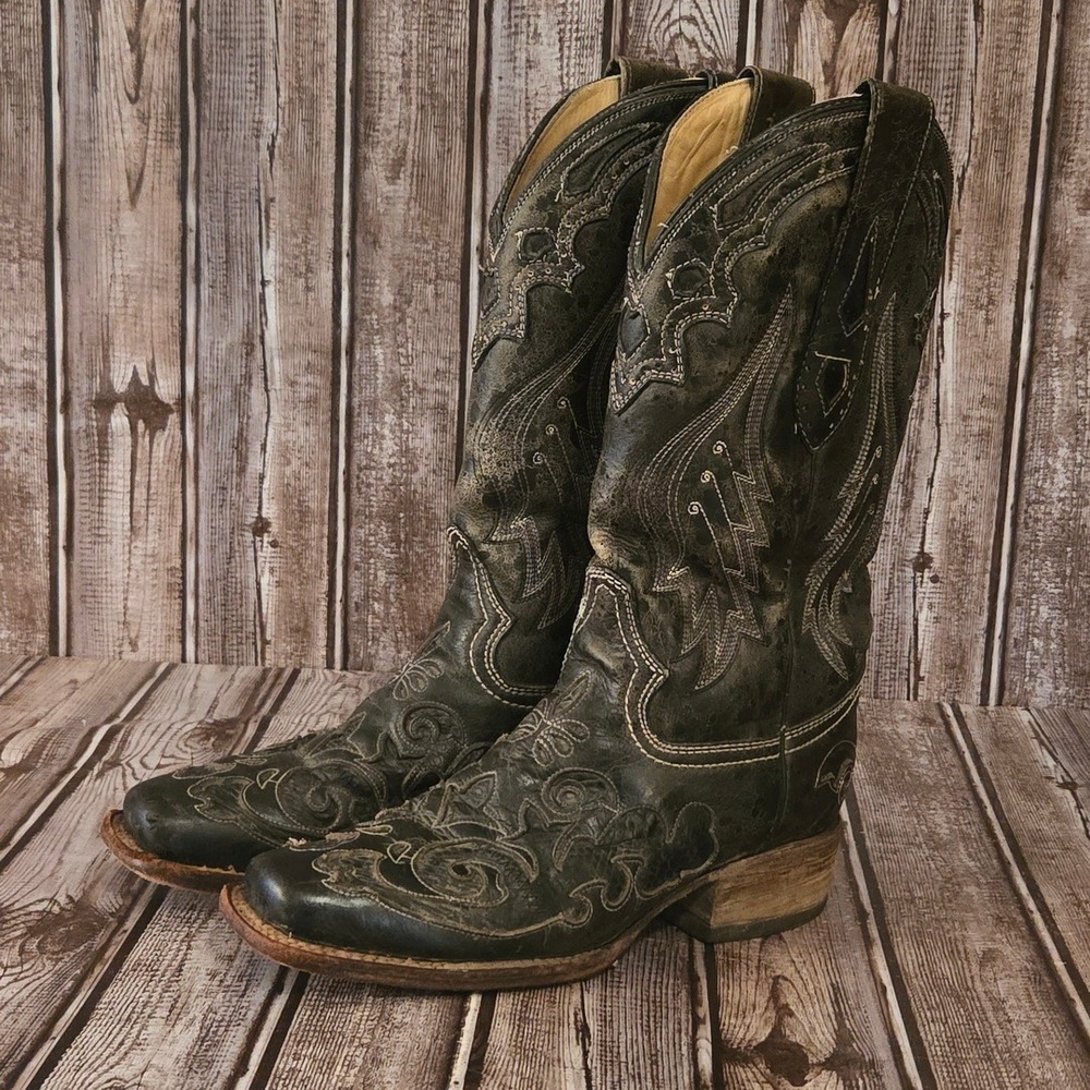 Sz 6 M Womens Corral Vintage Black Distressed Snakeskin Inlay Square Toe Boots